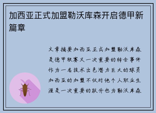 加西亚正式加盟勒沃库森开启德甲新篇章