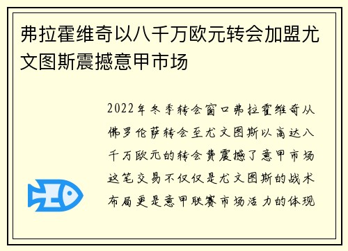 弗拉霍维奇以八千万欧元转会加盟尤文图斯震撼意甲市场