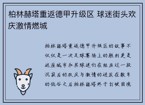 柏林赫塔重返德甲升级区 球迷街头欢庆激情燃城 柏林赫塔重返德甲升级区 球迷街头欢庆激情燃城